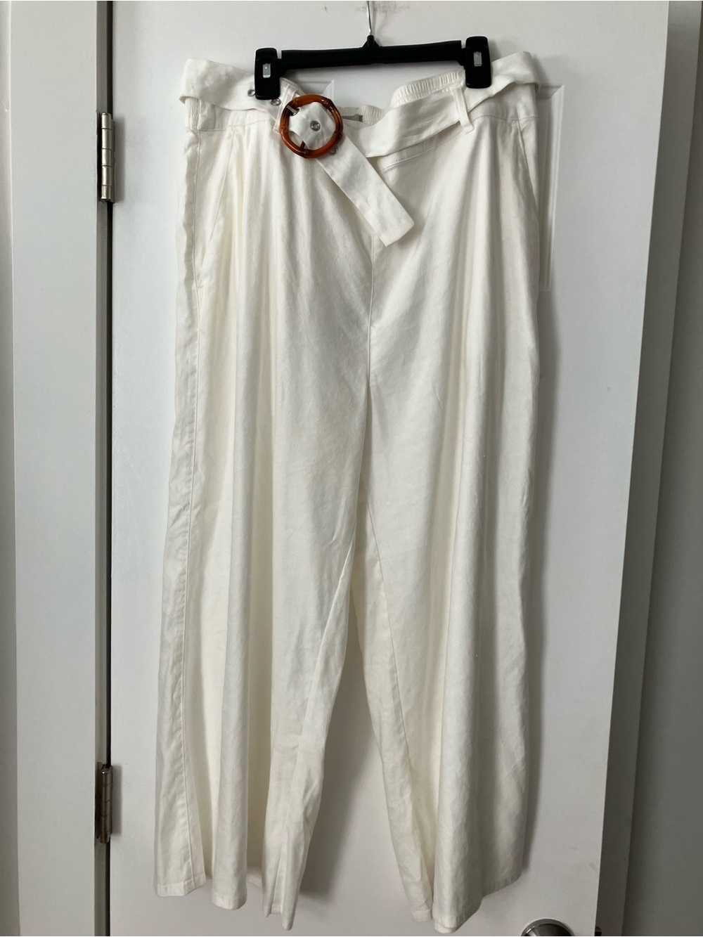 Charlie Paige Cream High-Waist Wide Leg Pants with Fabric Belt Cropped